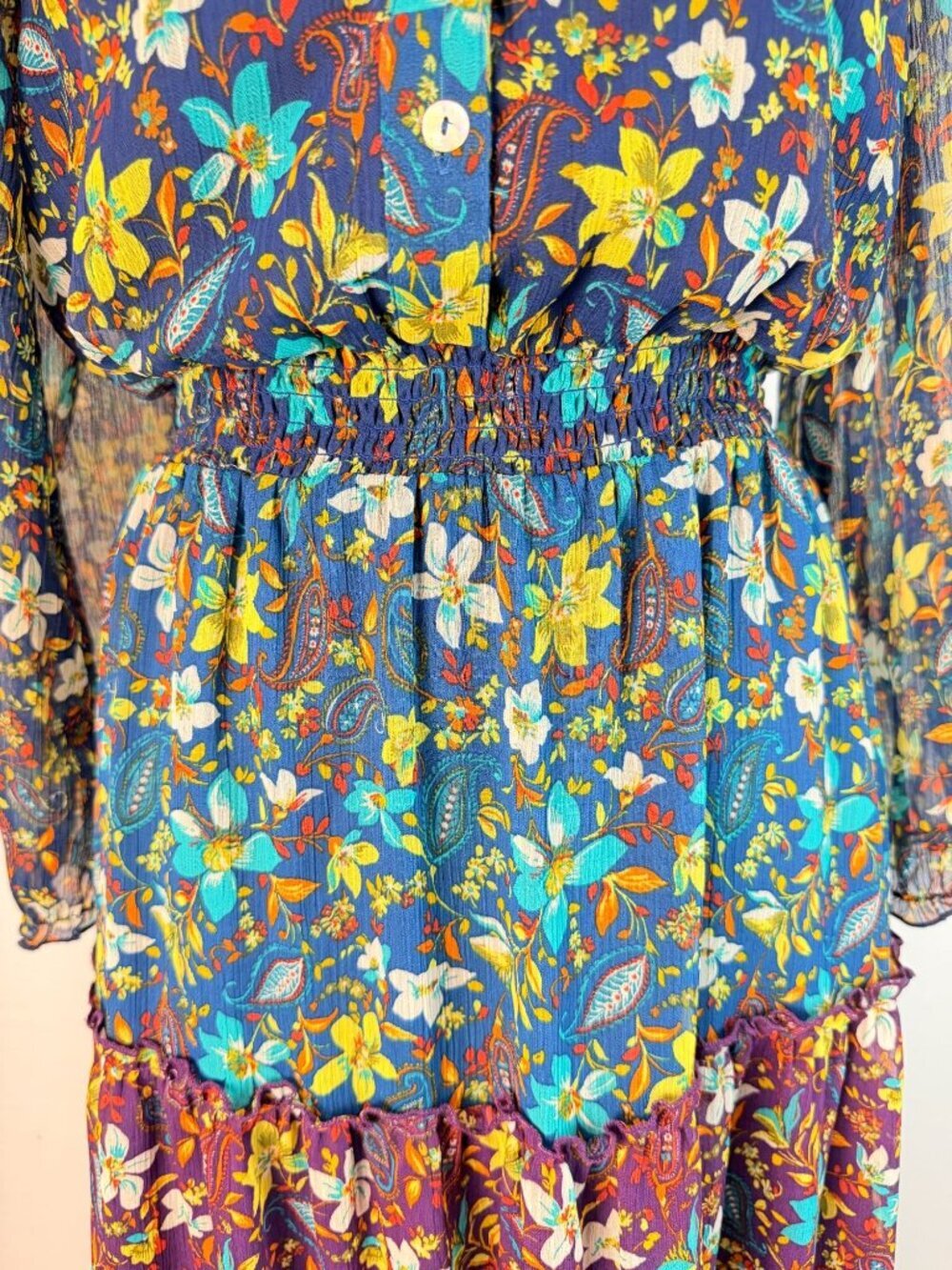 Fig And Flower Womens M Blue Floral Paisley Maxi Dress Boho Long Sleeve - Picture 15 of 16